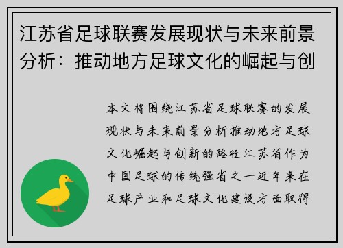 江苏省足球联赛发展现状与未来前景分析：推动地方足球文化的崛起与创新