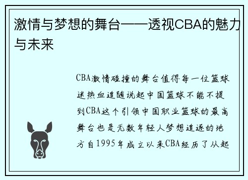 激情与梦想的舞台——透视CBA的魅力与未来
