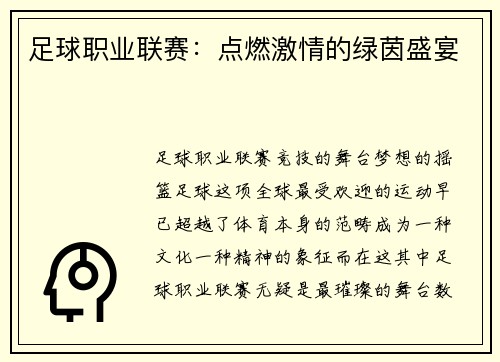 足球职业联赛：点燃激情的绿茵盛宴