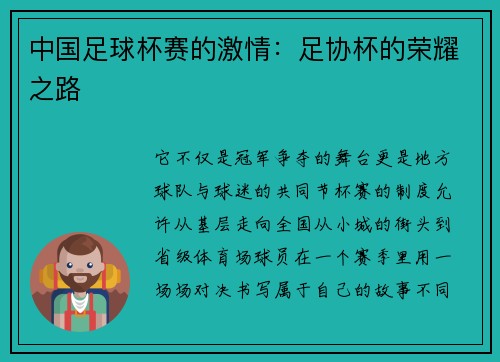 中国足球杯赛的激情：足协杯的荣耀之路