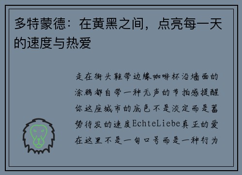 多特蒙德：在黄黑之间，点亮每一天的速度与热爱